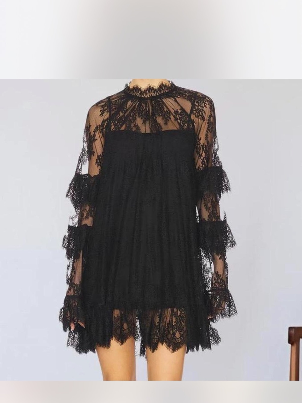 Elegant Avant Garde Black Lace Long-Sleeve Mini Dress